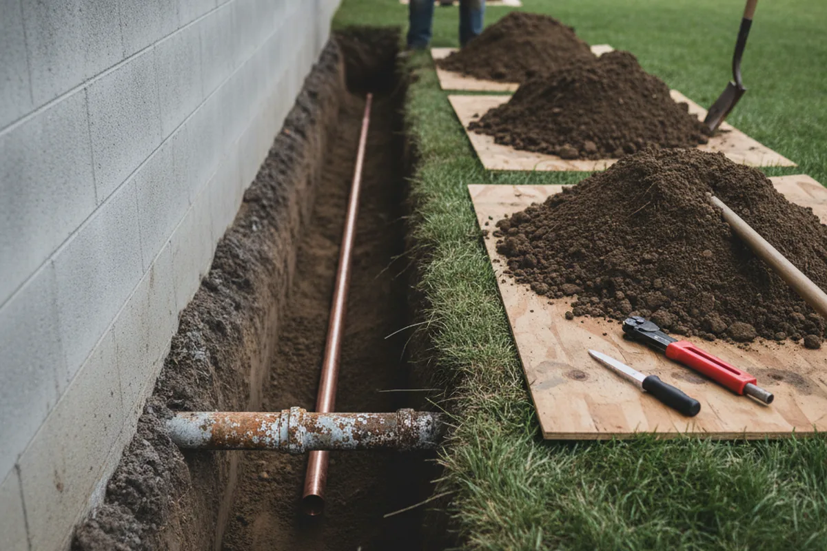 Excavated water line trench during Sewer Line Repair in Inglewood